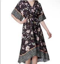 Tahari ASL Black Floral Print V~Neck Faux Wrap Kimono Style Midi Dress Sz 16