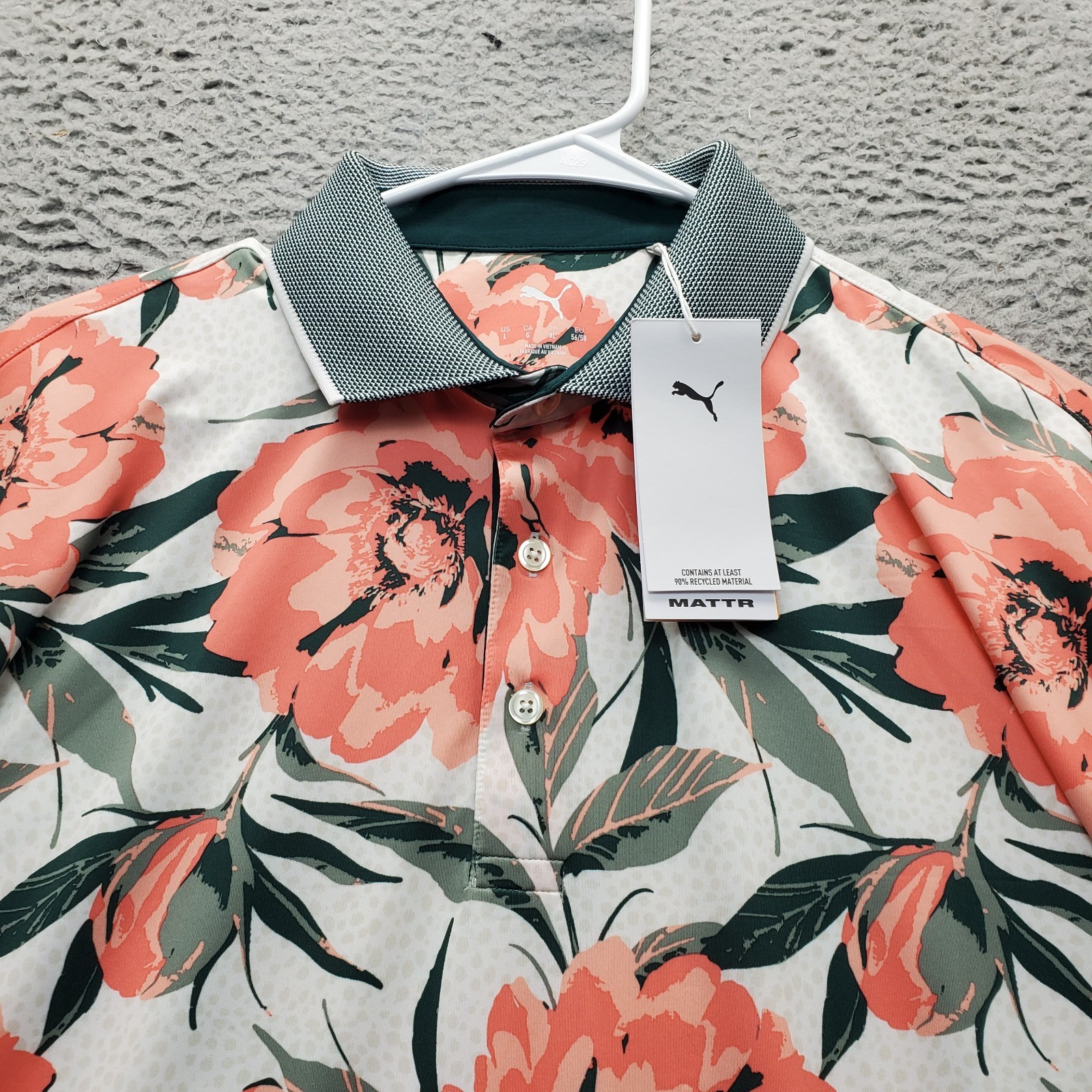 PUMA Golf Polo Shirt Mens Large Multi Floral Mattr Beautiful Game Slit 628836-01 thumbnail 6