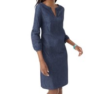Talbots Women's Size 8 Blue Striated Denim Shift Dress Notched Neckline Back Zip
