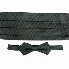 Valentino Men's Cummerbund Bow Tie Set Green Glen Plaid Silk Made in the USA euc