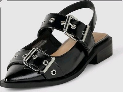 THE DROP Evie Black Leather Grommet Buckles Pointy Slingback Sandals, Sz 7, NIB