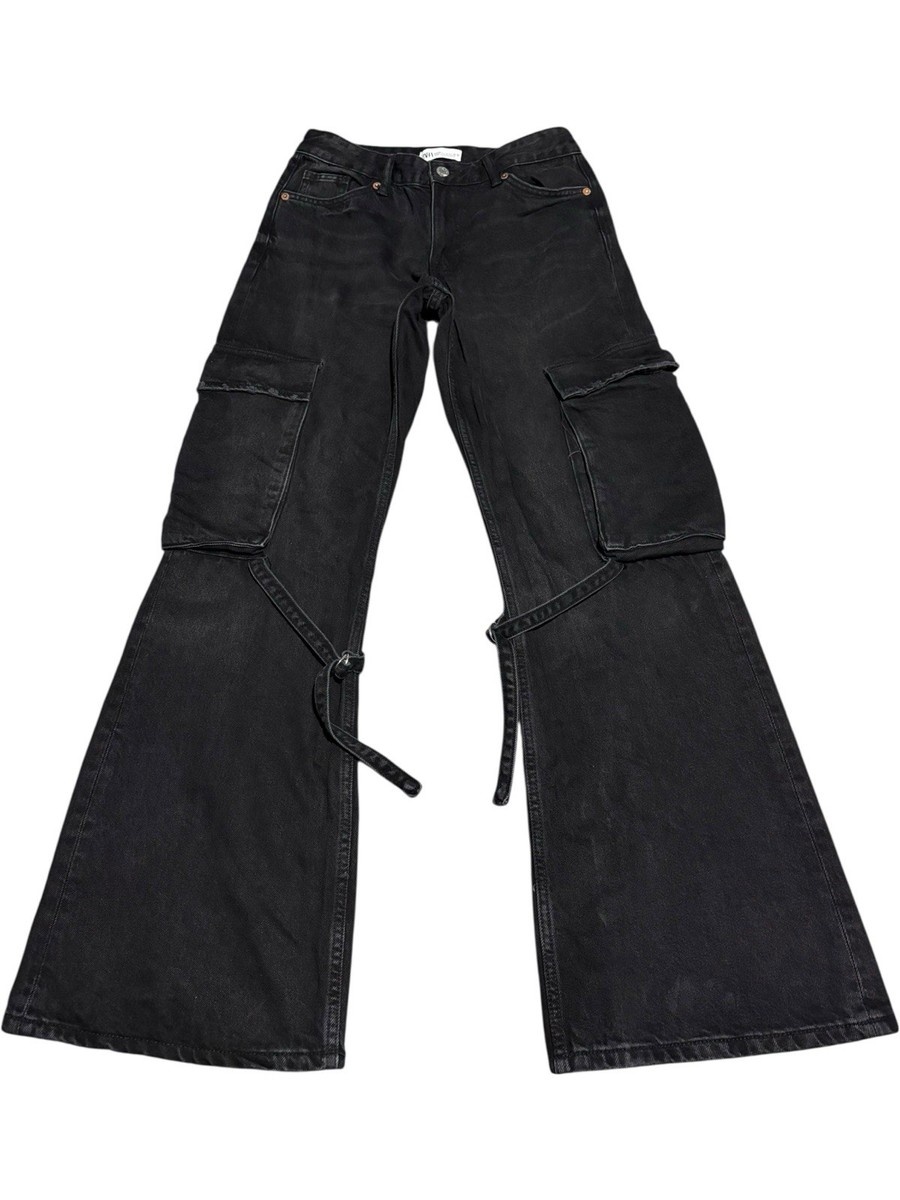 パンツ ZARA velvet super buggy denim pants y2k 4 28x32 Zara Black Baggy Palazzo Wide Leg Cargo Denim Jean Rave