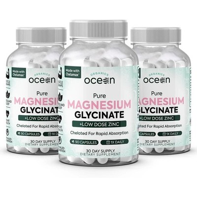 3 Pack Organic Ocean Pure Magnesium Glycinate with Zinc, 90 Capsules