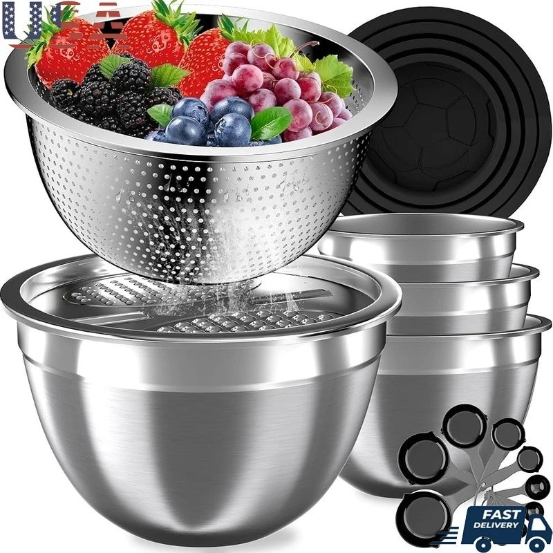 Stainless Steel Mixing Bowl Set W/ Lids Colander Grater Airtight Storage Prep US