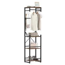 Freestanding Coat Rack w/4 Storage Shelves 6 Hooks & 3 Hanging Rods for Entryway