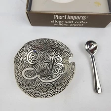 Pier 1 Imports Silver Salt Cellar with Spoon, Vintage Kitchen Decor