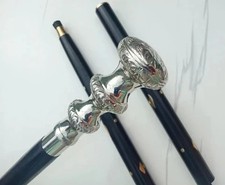 Antique Wooden Walking Stick Cane Silver Brass Design Handle Vintage Handmade