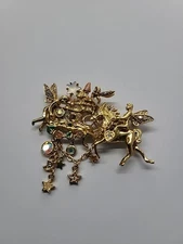 Vintage Kirks Folly Fairy Castle Unicorn Brooch AB Crystals Star Dangles Retired