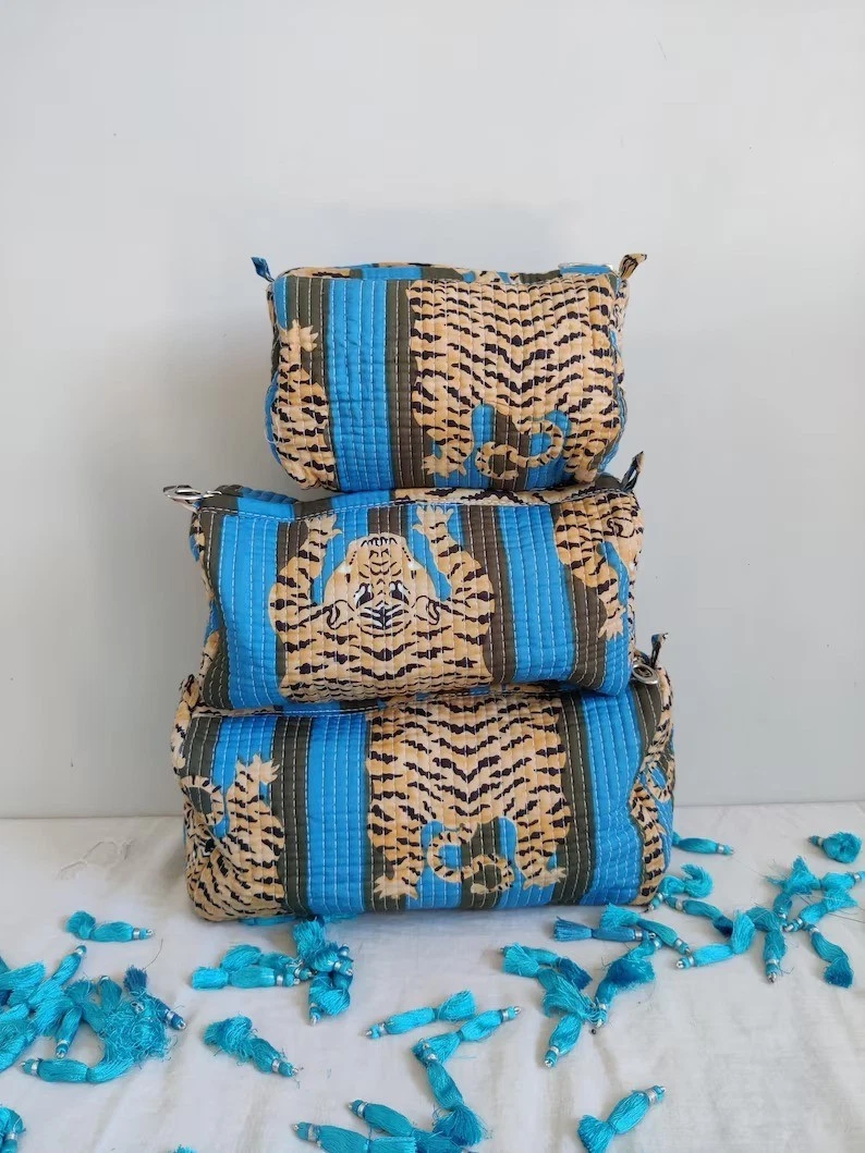 Indian Green Stripe Tiger Quilted Toiletry Bag Cotton Makeup Bags 3 Pcs Sets US