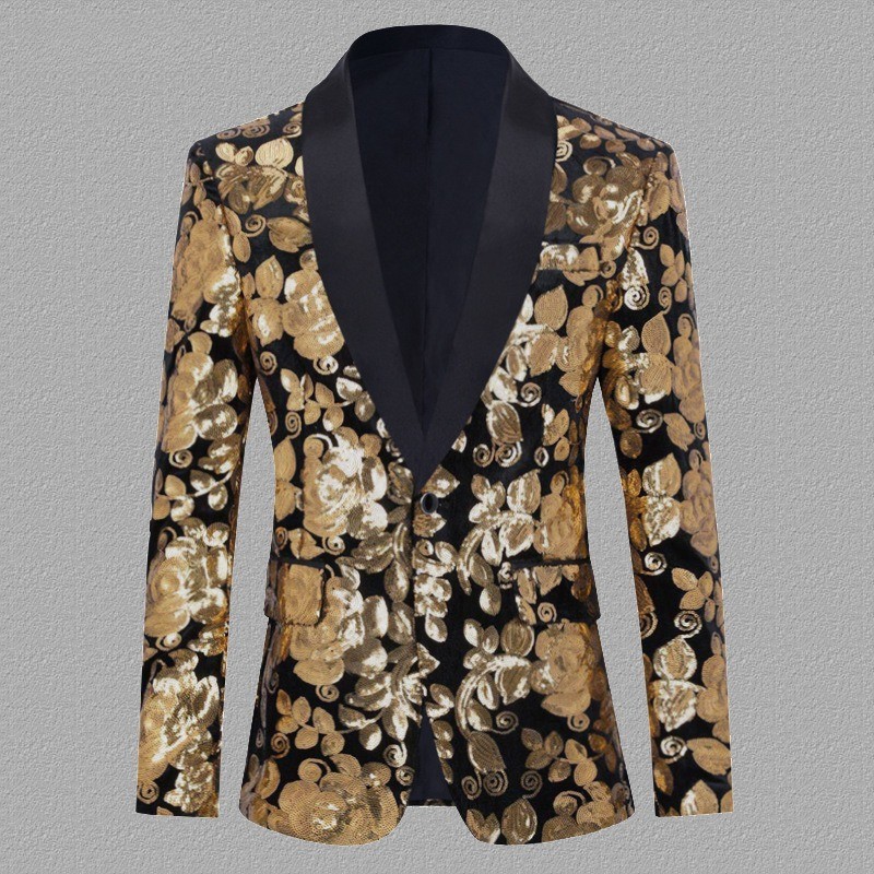 Men Velvet Blazer Jacket Shiny Gold Sequined Floral Stage Dress Performance Coat image 2
