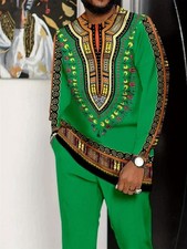 2pcs Men's African Tribal Print full Outfit - Plus Size Long Sleeve  Pants with