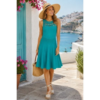 MILLY Crochet Open Yoke Fit & Flare Sweater Dress Preppy Luxury Aqua Blue Sz S