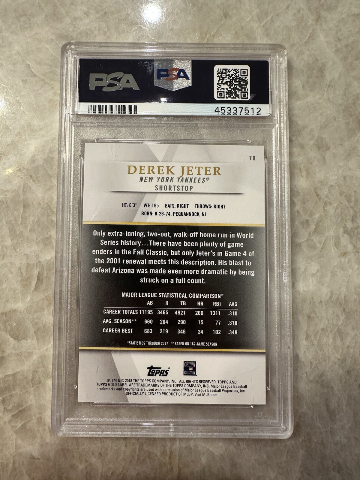 2018 Topps Gold Label - Derek Jeter #70 Class 3 Blue /50 New York Yankees PSA 10 view 5