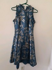 Adrianna Papel Size 4 Formal Dress. High-low. Blue and Gold. Floral Design