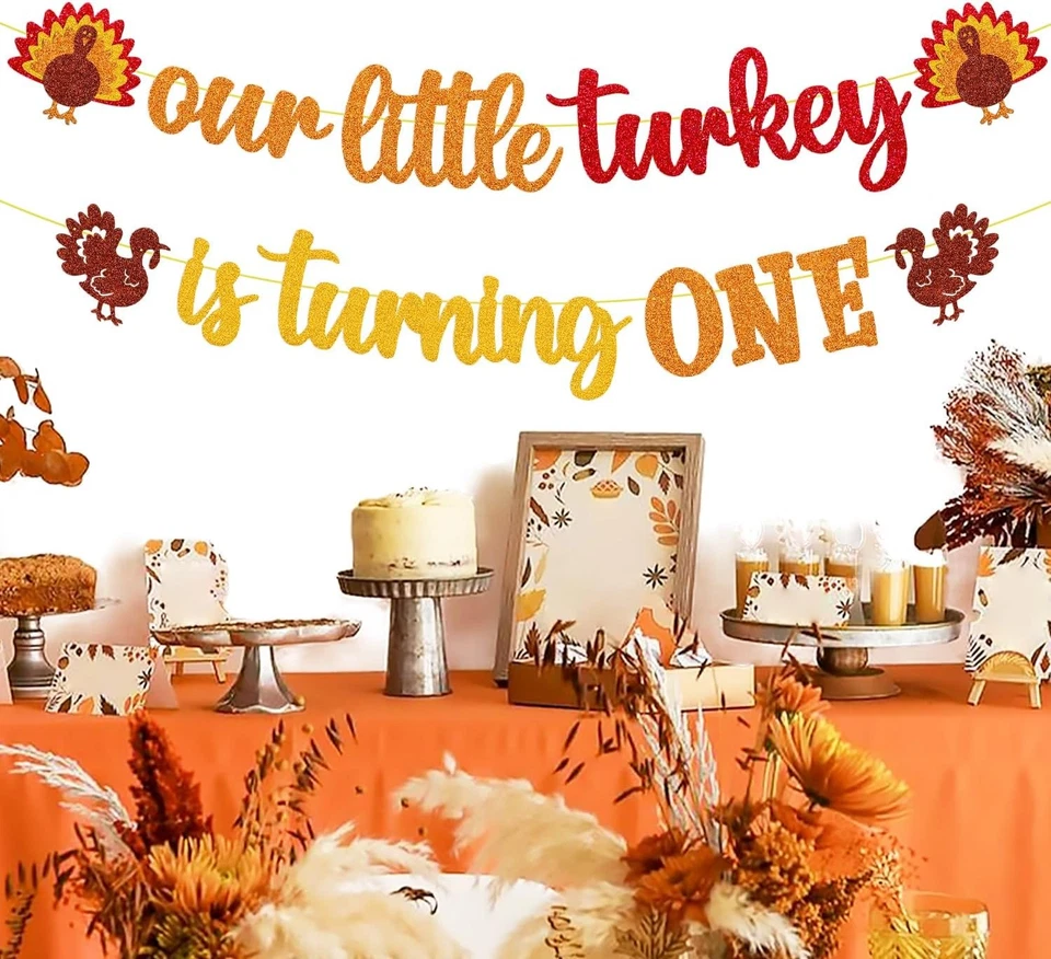 Our Little Turkey is Turning One Banner Acción de Gracias 1er Oro, Naranja  Foto 4 de 4