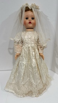 Vintage 24  Hard Plastic Sleep Eye Doll Lace Dress Veil Broken Sound