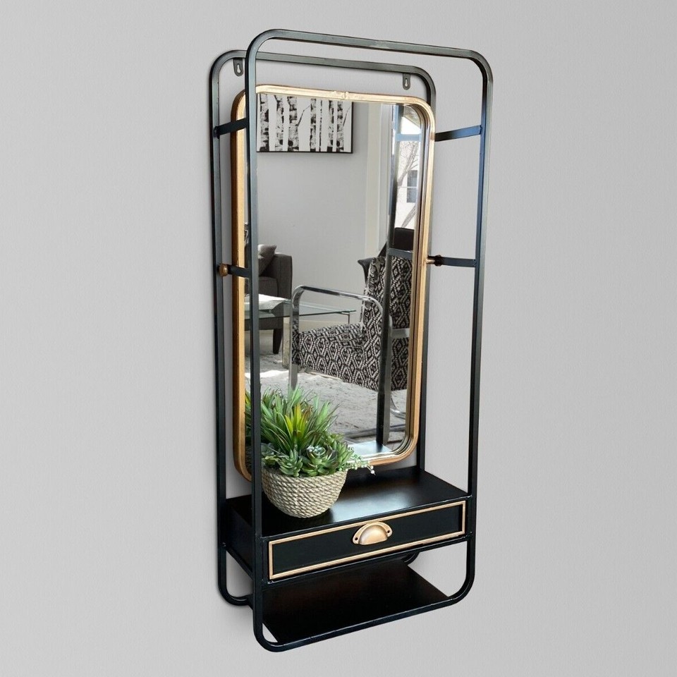 Wall Mirror Storage Shelf bathroom Round Mirrors Industrial Metal black ...