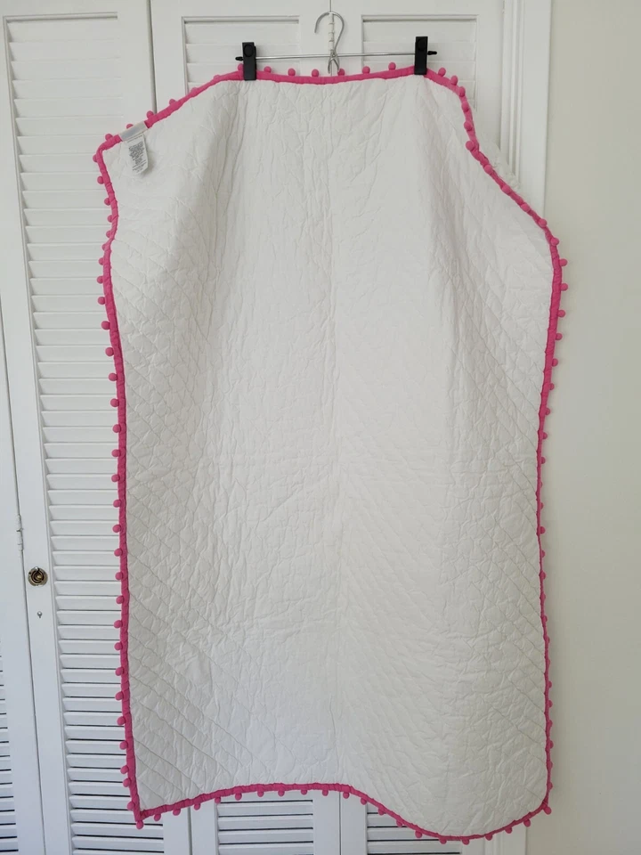 Edredón Pottery Barn Kids blanco algodón orgánico rosa borlas tamaño cuna niño niña Foto 3 de 4