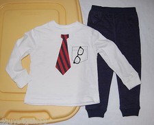 Toddler Boys L/S Outfit WHITE KNIT SHIRT Tie Glasses KNIT JEANS Mock Pkts 18 Mo