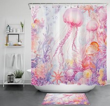 Ocean Animals Seashell Pink Jellyfish Shower Curtain Set for Bathroom Decor