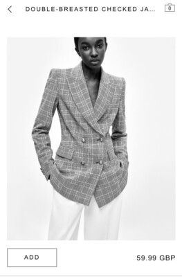 Zara Grey Double Breasted Fitted Check Pattern Blazer Jacket Size