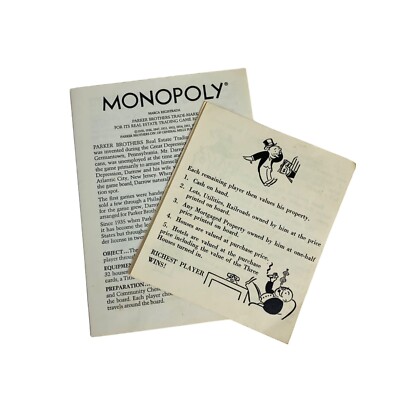 Monopoly Game Rules and Short Game Instructions 1973 Original Parker Brothers