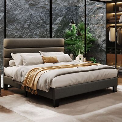 King Size Platform Bed Frame with Adjustable Headboard & Wooden Slats Support