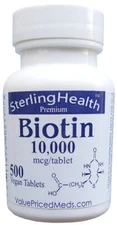 Biotin 10000 mcg, 500 tablet bottle,  or 1 (one) tablet sample pack, biotin 10mg