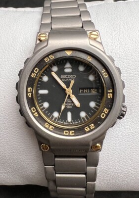 Vintage New 1986 SEIKO SQ Sports 150 TITANIUM Women s 30mm Watch Black Day Date