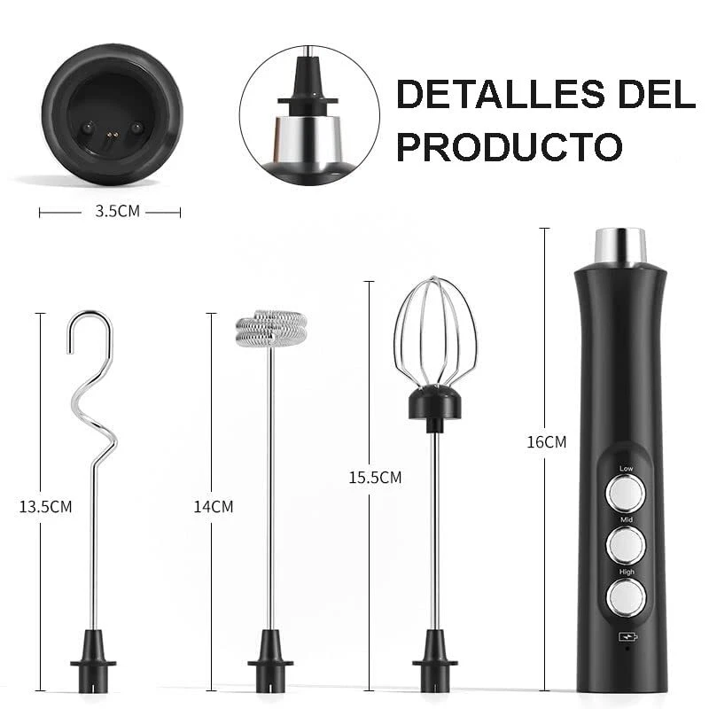 Milk Frother Handheld USB Rechargeable Electric Foam Maker with 3 Heads 3 Adj...