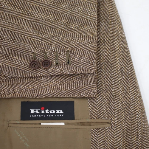 Kiton Napoli Sport Coat Mens 46L Linen Cashmere Herringbone Three Button notch