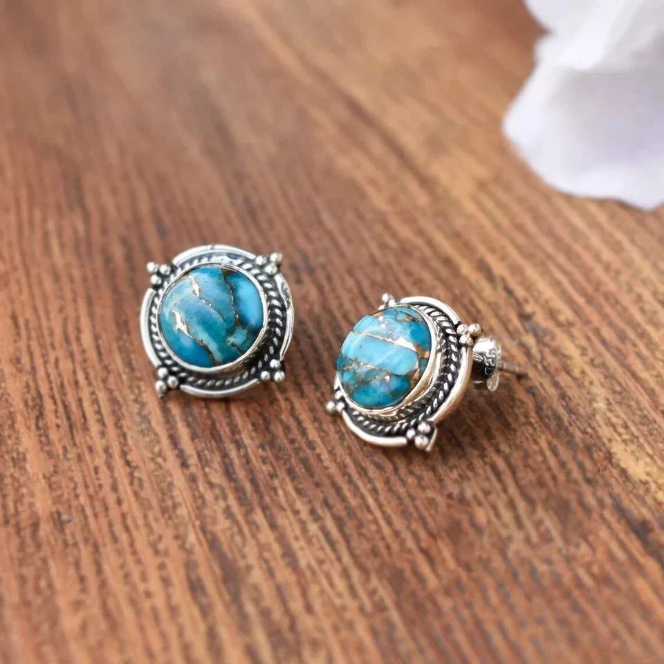 Turquoise Gemstone 925 Sterling Silver Beautiful Earrings Gift For Girl Friend - Image 4 of 4