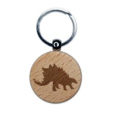 Stegosaurus Dinosaur Solid Engraved Wood Round Keychain Tag Charm