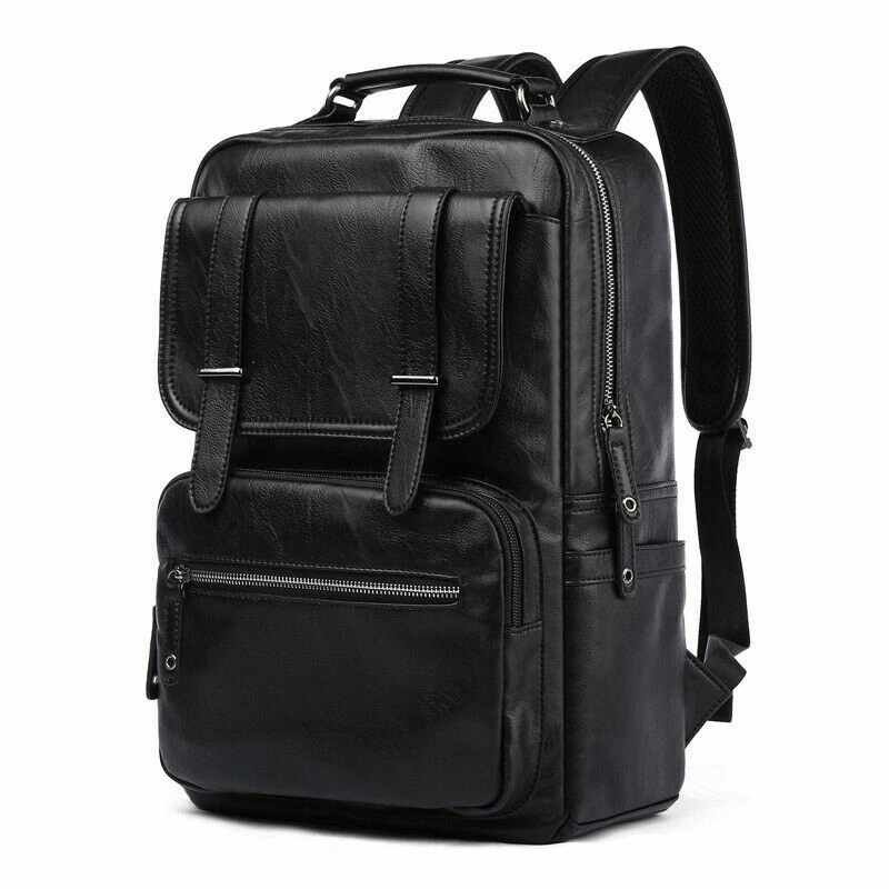 New Fashion Mens Leather School Backpack Black Waterproof Laptop Travel Bag