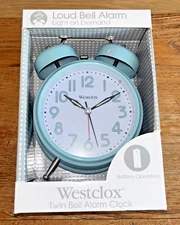 Westclox Loud Bell Alarm Clock (light On Demand) Twin Bell Light Blue New In Box