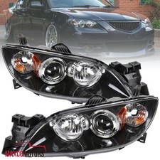 Fits 2004-2009 Mazda 3 Sedan Headlamps Black Projector Headlights Pair 04-09