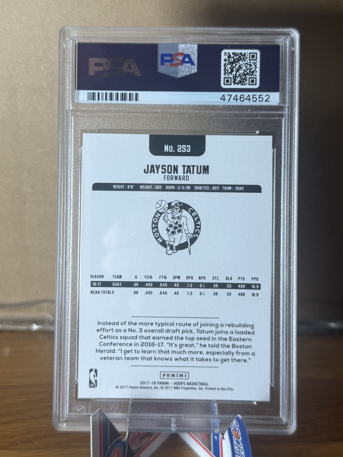 2017 Panini Hoops Jayson Tatum PSA 10 RC - Boston Celtics Rookie Card view 2