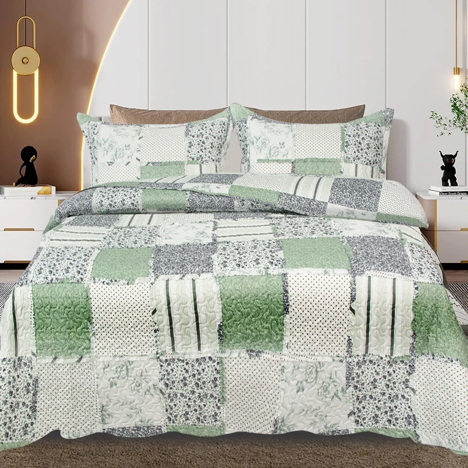 3 PCS Quilted Patchwork Bedspread Bed Throw Bedding Set Single Double King Size - Image 4 of 4