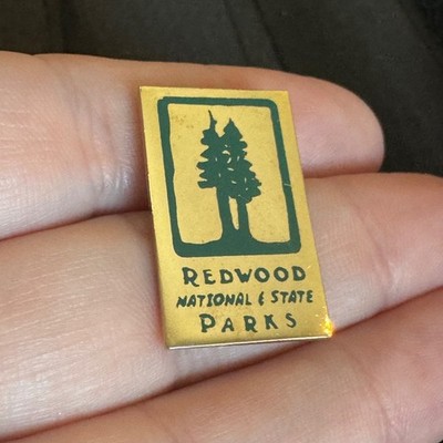 Vintage Redwood National and State Parks Trees Enamel Lapel Pin Gold Green