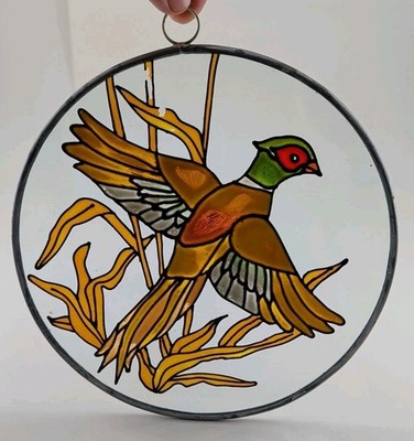 Vintage Round Stained Glass Suncatcher Pheasant Bird Window Hanging Art Leaded