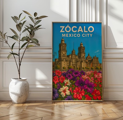 Zócalo Mexico City Travel Poster   Vintage Style Metropolitan Cathedral