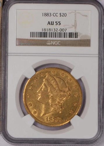 1883-CC Gold Liberty Head $20 NGC AU55. Carson City. Mintage 59,962.