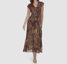 Tommy Hilfiger Women's Brown Paisley Stretch Flutter-Sleeve Maxi Dress Size 12