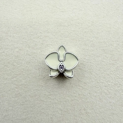 Pandora Sterling Silver Off White Orchid Purple CZ Stone Charm Bead Jewelry