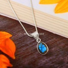 Natural Labradorite Gemstone Pendant Blue Golden Flash Silver Necklace 2722