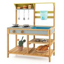 Wooden Play Kitchen Set, Outdoor Kid  s Mud Kitchen w/ Faucet  Water Box