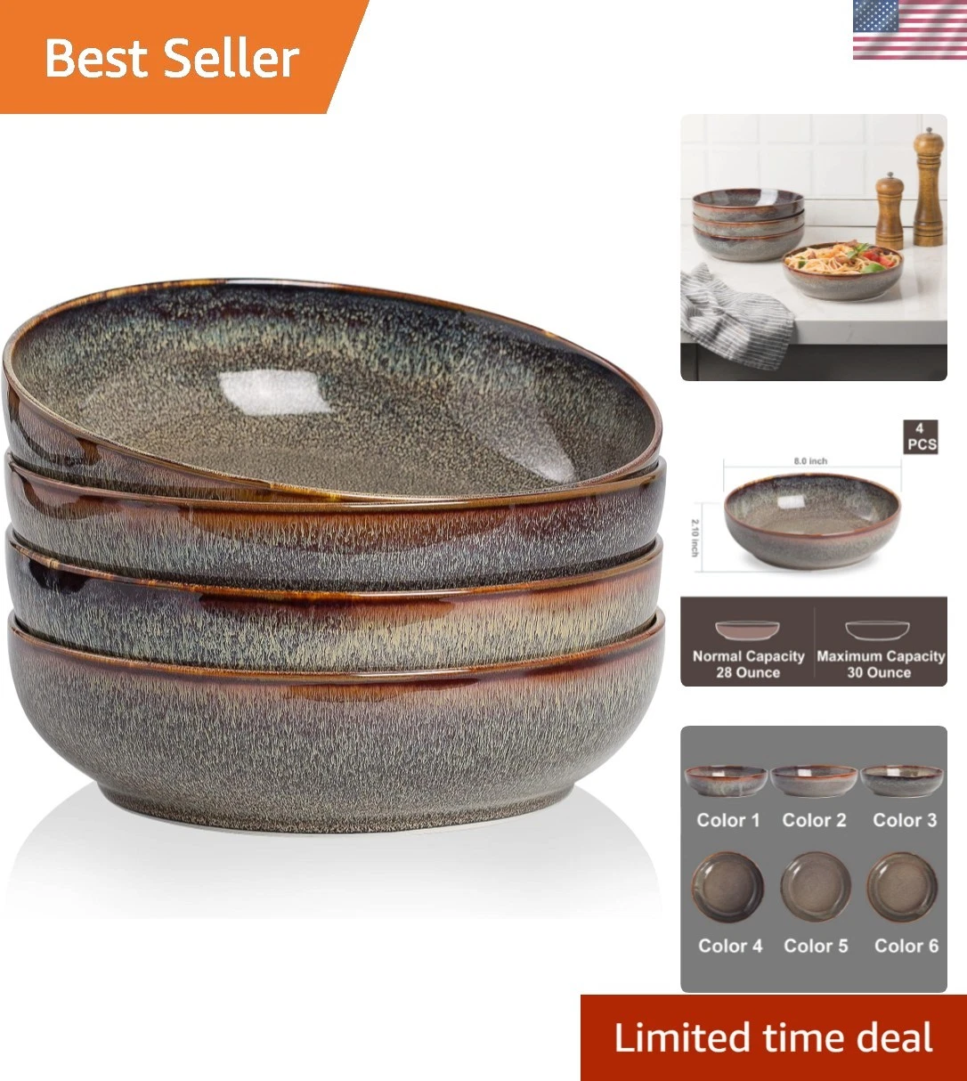 30oz Ceramic bowls set of 4-8" serving bowls for Kitchen,Pasta,Salad-Dishwash...