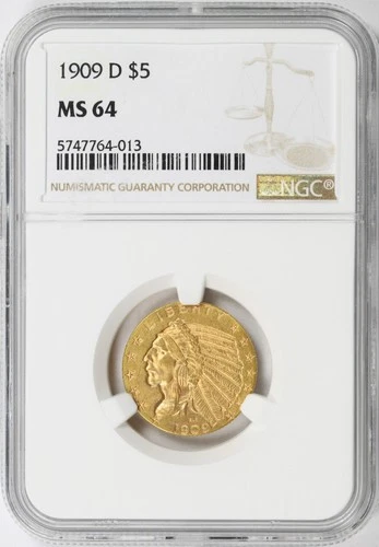 1909-D $5 Indian Head Gold Half Eagle NGC MS64