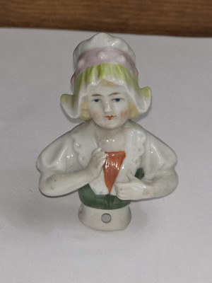 Antique German Dutch Girl Child Porcelain Pin Cushion Half Doll