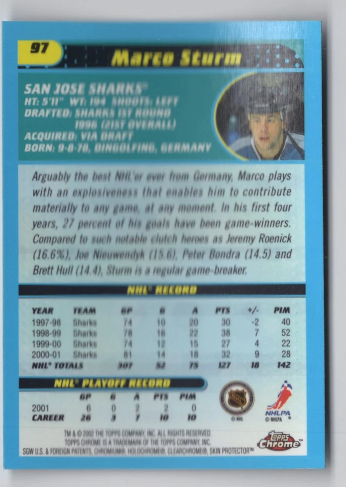 2001-02 Topps Chrome Marco Sturm San Jose Sharks #97 - Image 2 of 2